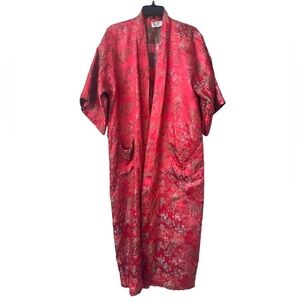 Plum Blossoms VTG Red Kimono Robe Silk Blend Floral Embroidered Women Medium